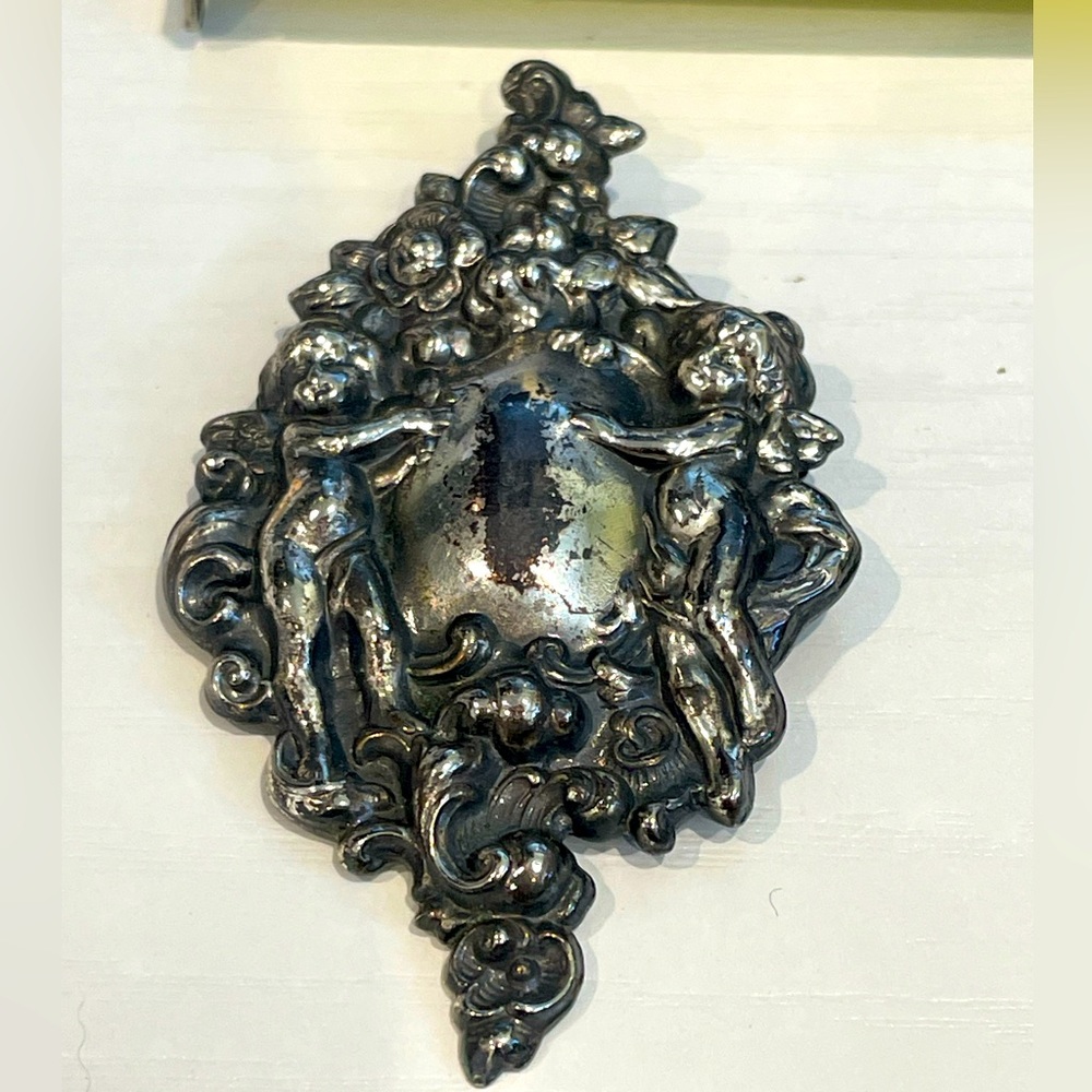 Vintage Silver Tone Cherub Pin Brooch Metal? Very old. Valentine